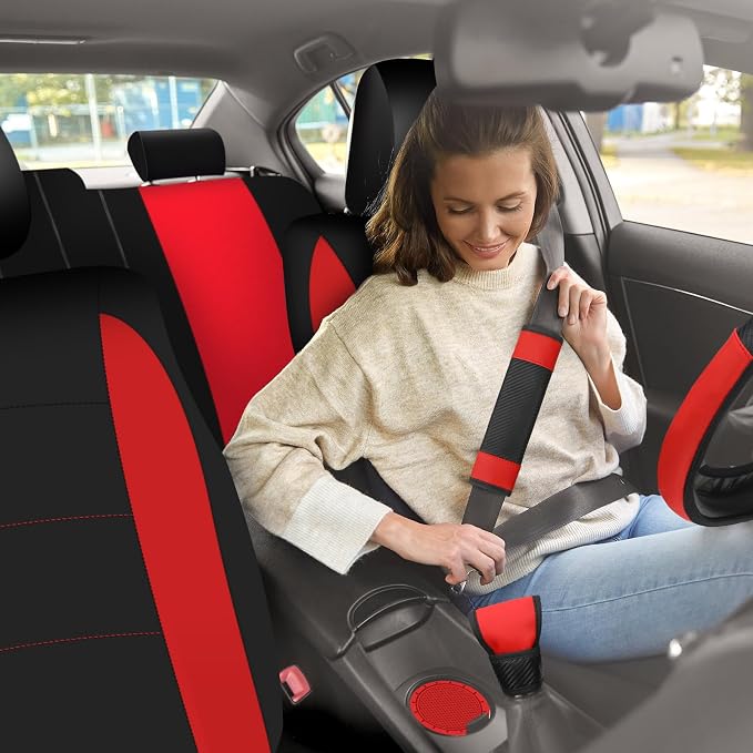 Estune 41 Pcs Black Red Car Accessories Set Automotive Seat Covers Steering Wheel Cover Seat Belt Pad Shift Sleeve Start Button Rings Armrest Cup Holders Vent Outlet Trim Scraper for Auto Interior