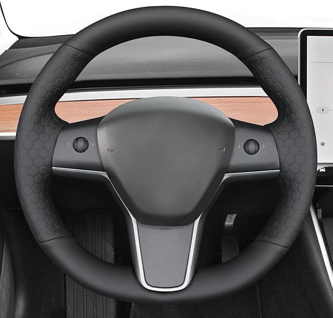 MEWANT Hand Stitch Steering Wheel Cover for Tesla Model Y Model 3 Made of Black Smooth Hexagon Embossed Faux Leather