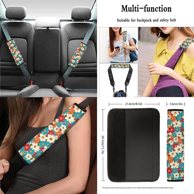 Hippie Boho Blossoms Pattern Car Accessories Car Seat Covers Full Set with Steering Wheel Covers+Seat Belt Pads+Coasters+Keychain+Lipstick Holder Universal Fit(13 Pack)