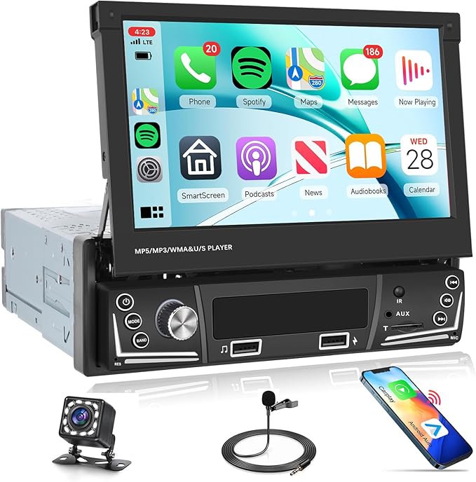 Rimoody Car Stereo Single Din Wireless Carplay Android Auto 7 Inch Touchscreen Flip Out Car Radio Bluetooth FM/AM, USB/TF/Aux, SWC, Voice Control, Backup Camera