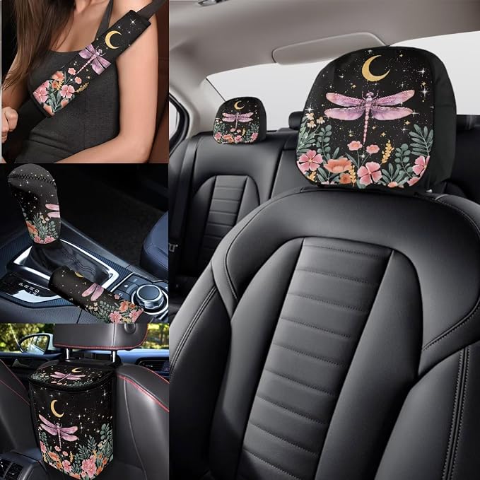 17 Pack Dragonfly Car Seat Covers Full Sets for Women,Starry Sky Dragonfly Car Interior Aaccessories with Pink Head Rest Covers,Steering Wheel Cover,Seat Belt Cover Pad,Armrest Pad,Cup Mats
