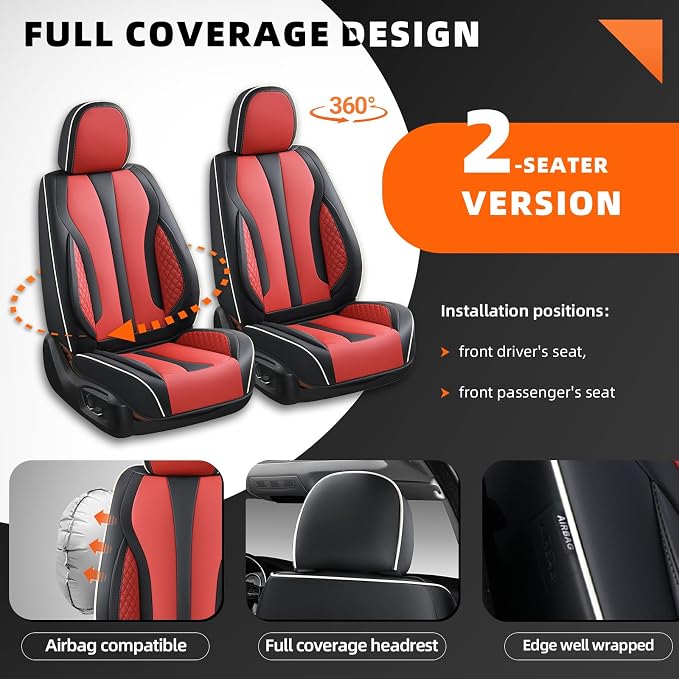 2-Seater Car Seat Covers Full Set, Fit for Front Seats of Cars, Waterproof and Breathable Nappa Leather, Compatible with Airbags, Car Seat Protector Covers for Most Cars - Black Red