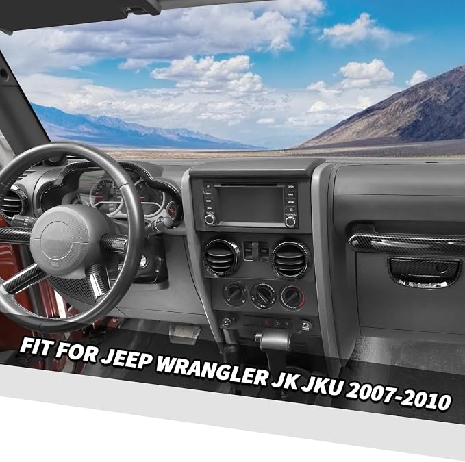 Jimen Fit for Jeep Wrangler JK JKU 2007-2010, 14PCS Interior Kits - Instrument Panel Dashboard Cover, AC Vent Ring, Passenger Grab Handle Trim, A Pillar Speaker Cover (Carbon Fiber)