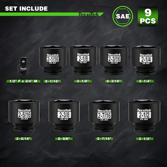 TecoTek 3/4" Drive 6-Point Impact Socket Set, 9-Piece Jumbo Assortment, Cr-Mo, SAE, 2-1/16 Inch to 2-1/2 Inch, 1/2" F to 3/4" M Impact Socket Adapter