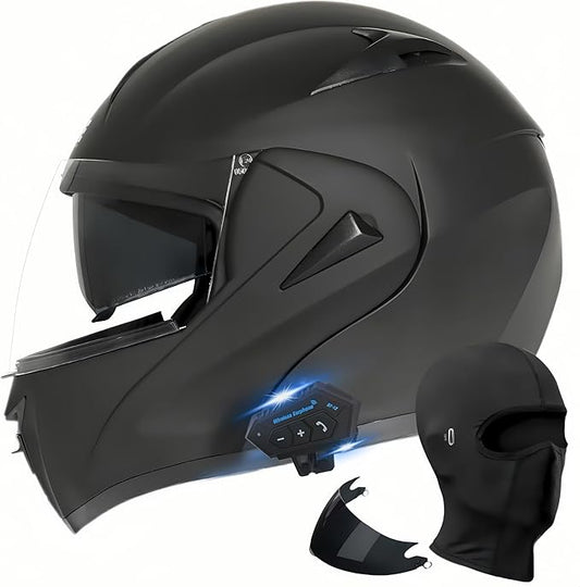 Motorcycle Bluetooth Modular Helmet, DOT Approved Dual Visor Full Face Flip Up Bluetooth Integrated Motorcycle Helmet for Adults Men and Women