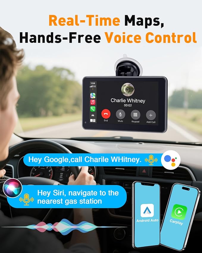 7” Wireless Apple CarPlay & Android Auto Screen - Portable Car Display with AirPlay, Screen Mirroring, FM/AUX Audio, Easy to Install, Convenient Upgrade for Older Cars, Families, Commuters
