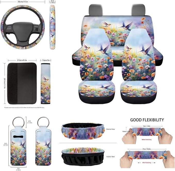 Floral Hummingbird Car Seat Covers Full Set of 14 Pcs,Neoprene Steering Wheel Cover/Mirror Cover/Gear Shift Knob&Handbreak Cushion/Coaster/Key,Auto Interior Protector Aesthetic Car Accessory