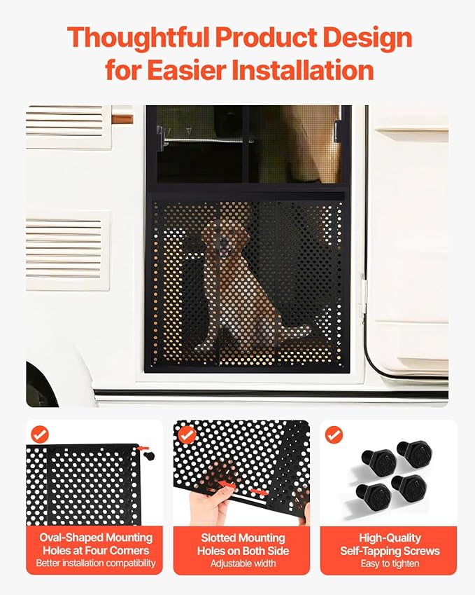 VEVOR RV Screen Door Protector, Adjusts from 22 to 31.5 inch, Adjustable Door Grille, Easy to Install, Reinforced Breathable Honeycomb Holes, Iron Camper RV Entry Protector for Pet Protection, Black