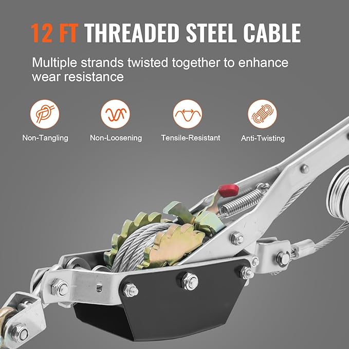 VEVOR Come Along Winch, 2 Ton (4,409 lbs) Pulling Capacity, 12 ft Steel Cable, 2 Hooks, Heavy Duty Ratchet Power Puller Tool with Dual Gears, Automotive Hoist Cable Puller Ideal for Vehicle Rescue