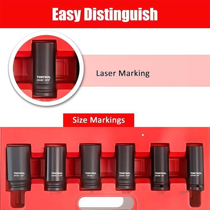 TONYNOL 3/4 Inch Drive Deep Impact Socket Set,6-Point,SAE (3/4"-1-9/16"),12 Pcs,Cr-Mo,Heavy Duty Impact Socket Set for Automotive & Industrial Machinery,With a Storage Case