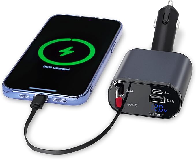 Retractable Car Charger | 4 in 1 Fast Car Phone Charger 120W | Retractable Cables and USB Car Charger | Compatible with iPhone 15/14/13/12/11, Galaxy, Pixel | Car Accessories | iPhone Car Charger