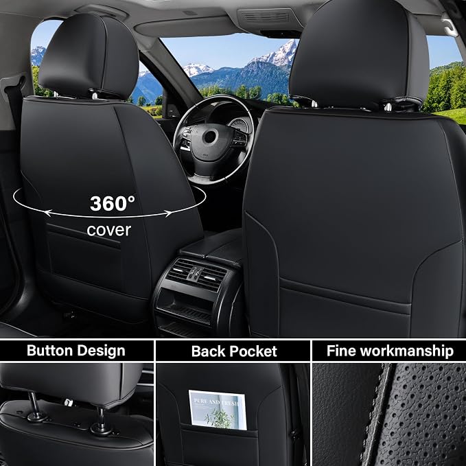 Coverado Car Seat Cover Full Set, Black Seat Covers Front Seats Back Seat Covers, Nappa Leather Waterproof, Car Seat Cushion, Car Seat Protector Universal Fit Most Cars
