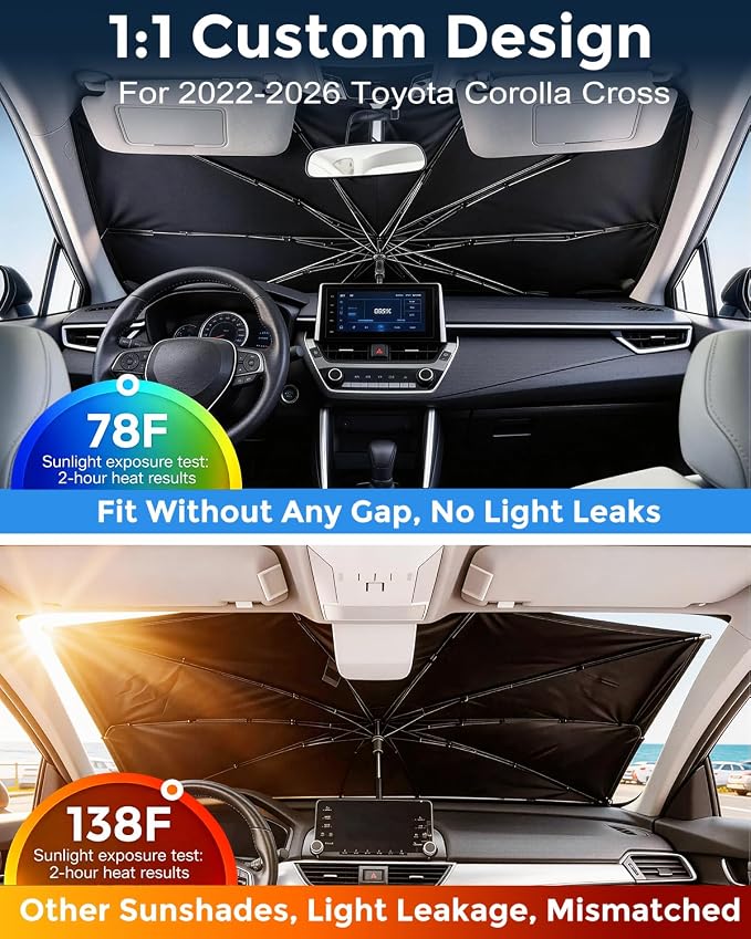 Weektic Custom Windshield Sun Shade Umbrella for Toyota Corolla Cross 2022-2026, [Double Thickened Ice Crystal Coating] Sun & Heat Protection, Keep Vehicle Cool & Protect Interior