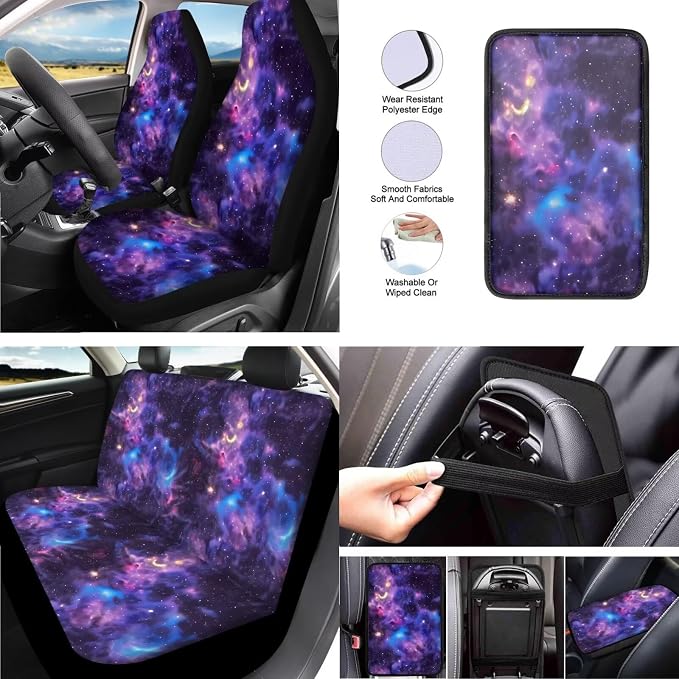 Nebula 13 Pcs Car Seat Covers, Galaxy Starry Night Universal Driver Seat Cover Protector Armrest Pad, Starry Sky Steering Wheel Armrest Cover Seatbelt Cup Mats