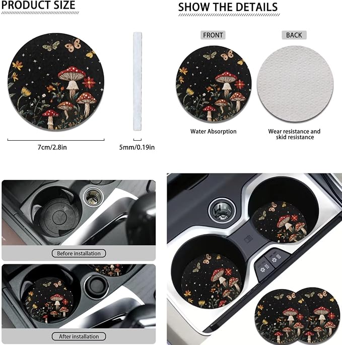 POLERO Cottagecore Moth Mushroom Seat Covers Set for Cars Floral Steering Wheel Cover Set 11Pcs Dark Botanical Seat Belt Pads Cute Car Interior Coasters Keychains