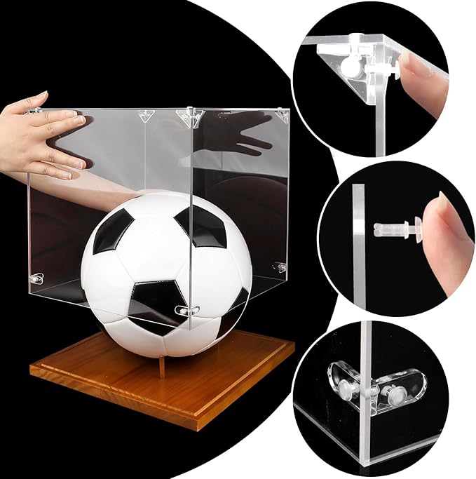 Clear Acrylic Soccer Ball Display Case with Wood Base & Tee, Memorabilia Stand Cube Holder, Dust Protection Transparent Storage Box for Single Ball Souvenir Soccer Ball Collections