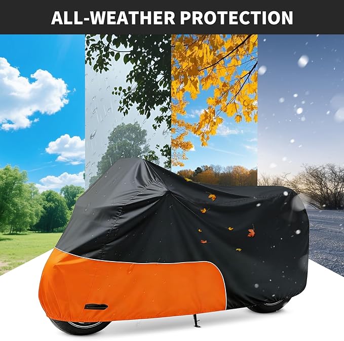 Motorcycle Cover 86 Inch with Relfection Strip, Compatible with Harley Davidson,Yamaha, Honda, Suzuki, Kawasaki All Weather Waterproof Outdoor and Dustproof Indoor, Black&Orange