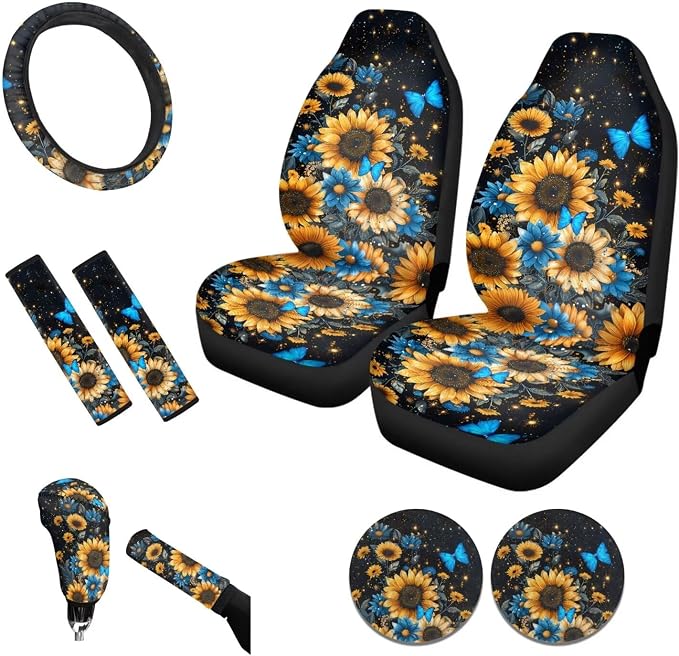 Tupalatus Sunflower Butterfly 9 Pcs Car Seat Covers Front Seats Steering Wheel Cover Auto Seat Belt Cover Gear Shift Cover Hand Brake Cover Coasters for Cup Holders Universal Fit Car Accessories