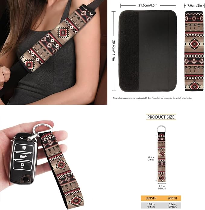 Brown Geometric Aztec Print Car Seat Covers Full Set Front Back Split Bench Protector Car Steering Wheel Cover Seatbelts Pads Coaster Keychains Universal Fit Truck, SUV, or Van Forest Hunting