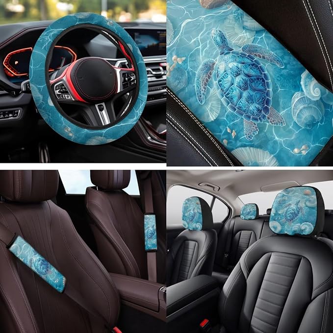 Bulopur Sea Turtle Automotive Seat Covers Front and Back with Car Steering Wheel Cover Non-Slip Armrest Pad Seat Belt Covers Keychain Automotive Interior Accessories Set 14 Pack