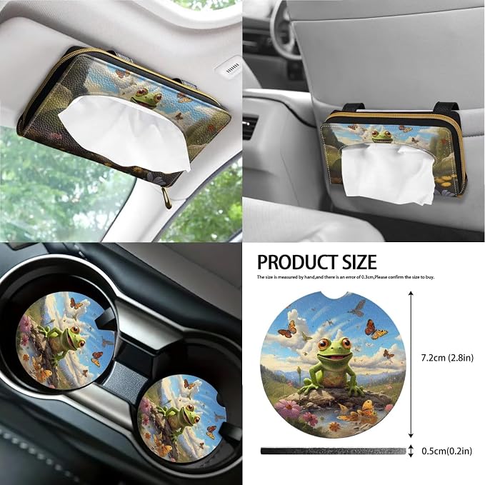 Poceacles Frog Butterfly Car Seat Cover Full Set for Women Men, Car Steering Wheel Cover Seatbelt Strap Cover Auto Coasters + 2Pcs Keychains + Tissue Box, Set of 13