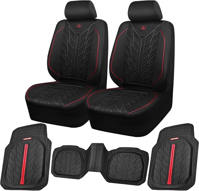 CAR PASS Waterproof Front Car Seat Covers,3D Tire Pattern Neoprene Seat Covers,Heavy Duty Rubber Floor Mats 3-Piece, Universal MXL Size Trim-to-Fit Automotive Floor Mats for Truck Van SUV