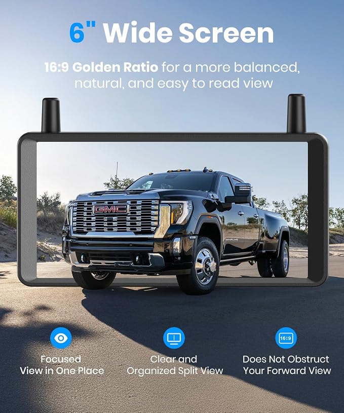 AUTO-VOX 6 Inch Solar Backup Camera Wireless: 1 Minute Install, 16:9 1080P HD Monitor, Dual Channel Split Screen, Clear Live View, DVR Recording, IP69K Waterproof Back up Camera for Car,Truck, Trailer
