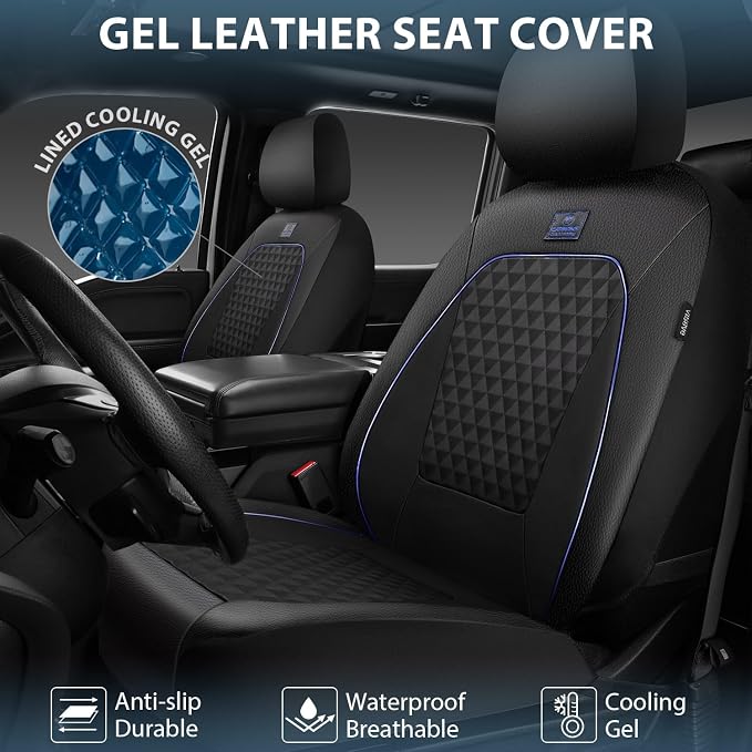 Outlet Leather Car Seat Covers Gel Wetsuit PU Front Seat Cover Waterproof EVA 2pcs All Weather Neoprene Universal Fit Pickup SUV Truck Sedan Automotive, Armrest Airbag Compatible, Rhombic Blue Strip