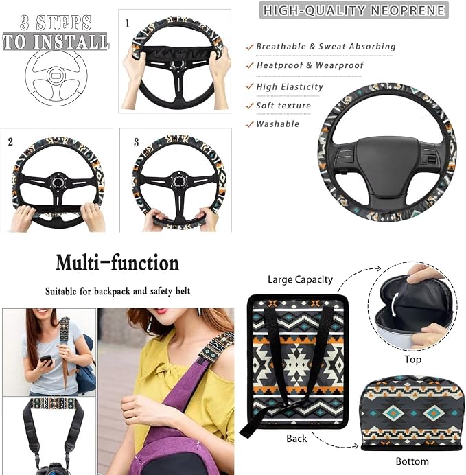 XYZCANDO Ethnic Style Auto Accessories Sets 15 PCS Car Seat Cover Set Steering Wheel Cover Seat Belt Pads Cover Garbage Bag Coasters Keychain Storage Box Car Rear View Mirror Cover for Sedans Van SUV
