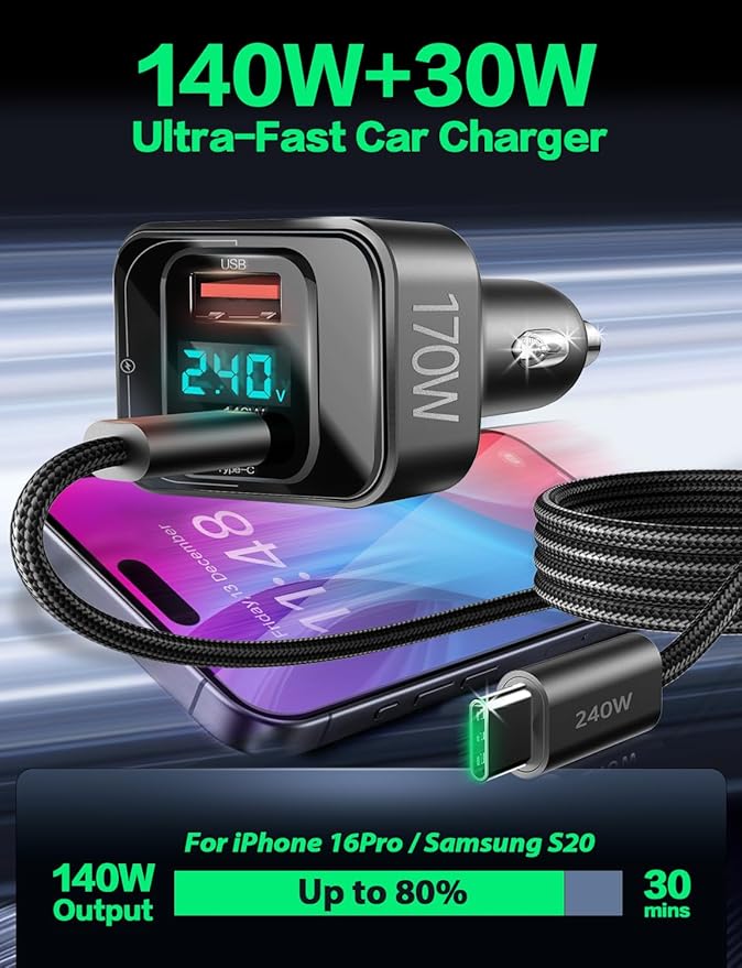 170W USB C Car Charger, PD3.1 140W+30W Fast Charging Adapter with 240W Cable, Multi-Port USB-C Car Charger Compatible with Laptop MacBook iPhone 17/16/15 Pro Max Samsung S24 Ultra iPad (Black)