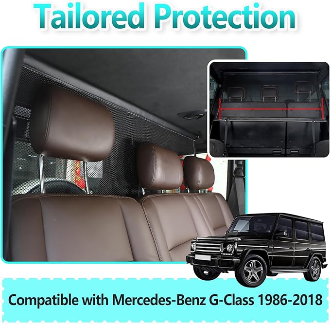 Compatible for Mercedes-Benz G-Class 1986-2018 Universal Pet Barrier | Heavy-Duty Backseat & Trunk Dog Fence | Adjustable Mesh Car Divider for W460 W461 W463 G500 G55 G63 G65 AMG Models (Black)