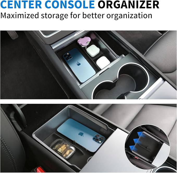 8PCS Tesla Model Y Juniper Accessories 2026, Center Console Organizer Tray Armrest Storage Box with Silicone Mats, Hidden Storage Box, Cup Holder Insert, Camera Cover