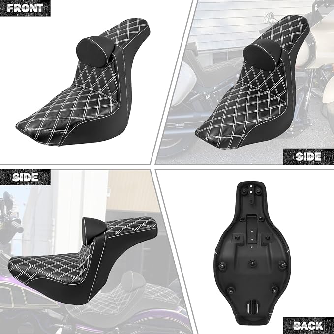 Motorcycle Seat Driver Passenger Seat with Backrests for Harley Low Rider Low Rider S ST 2018-up (Black with white stitching)