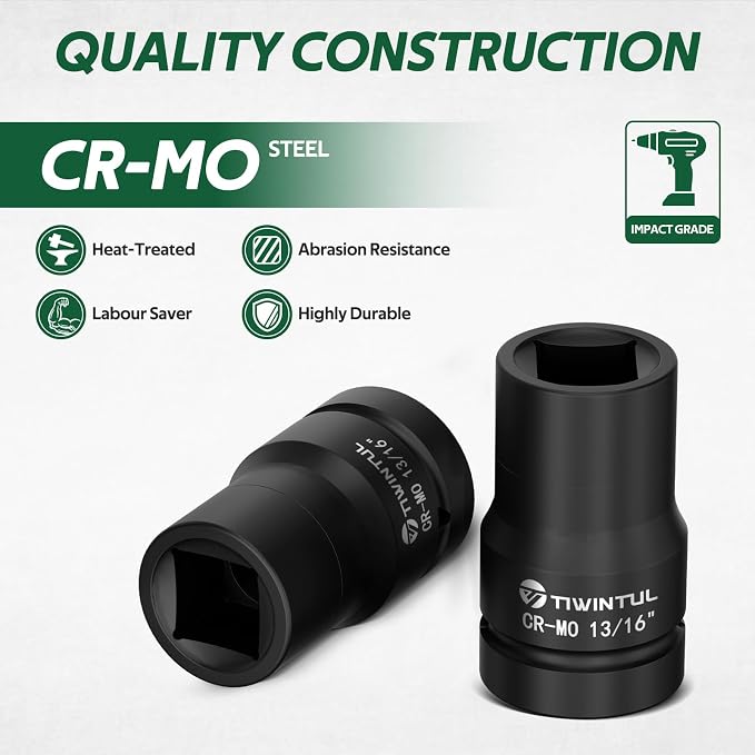 13/16" Impact Socket 1" Drive, for Truck Axle Nuts & Hub Removal | Square, 6 Point Design, CR-MO ANSI Certified, Heavy Duty Socket 1 Inch Drive for Suspension & Heavy Equipment Maintenance