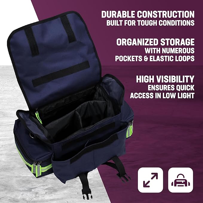 Kemp USA EMT First Responder Trauma Bag Navy Blue First Aid Survival Medical Gear Organizer High Visibility Reflector Emergency Response Kit