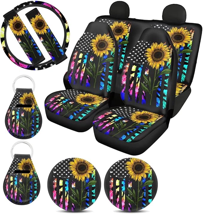 Suobstales American Flag Sunflower Car Accessories with Car Front Rear Split Seat Covers, Colorful Tie Dye Floral Seat Belt Pads + Steering Wheel Cover + Coaster + Keyrings for Women Set of 11-Pcs