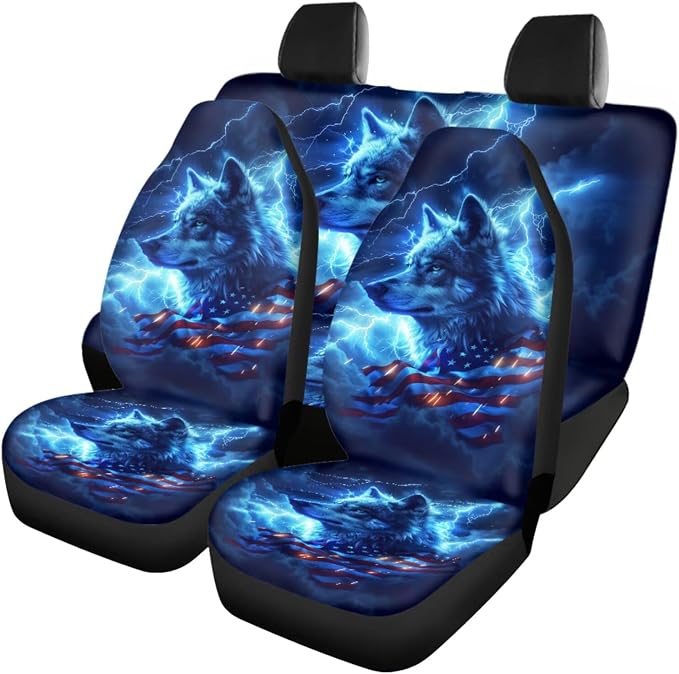 18 Pcs US Flag Wolf Lightning Car Interior Accessories Set, Car Seat Covers Full Set with Auto Floor Mats Steering Wheel Cover Armrest Pad Handle Wraps Seat Belt Pads Keychains Cup Coaster