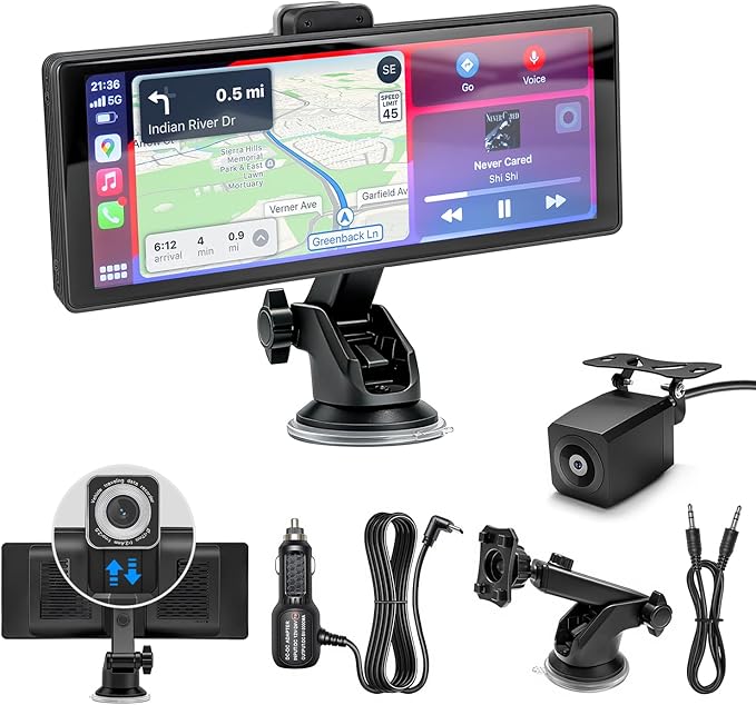 Wireless Carplay Screen for Car 10.26" Portable Touchscreen Car Stereo for Apple Carplay & Android Auto with 4K 360 Rotation Dash Cam & 1080P Backup Camera, Mirror Link, Siri, GPS Navigation, FM