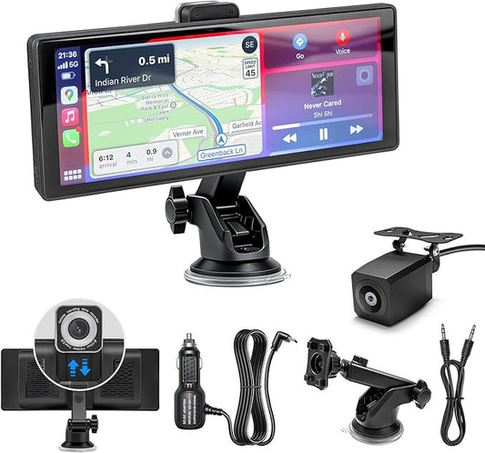 Wireless Carplay Screen for Car 10.26" Portable Touchscreen Car Stereo for Apple Carplay & Android Auto with 4K 360 Rotation Dash Cam & 1080P Backup Camera, Mirror Link, Siri, GPS Navigation, FM