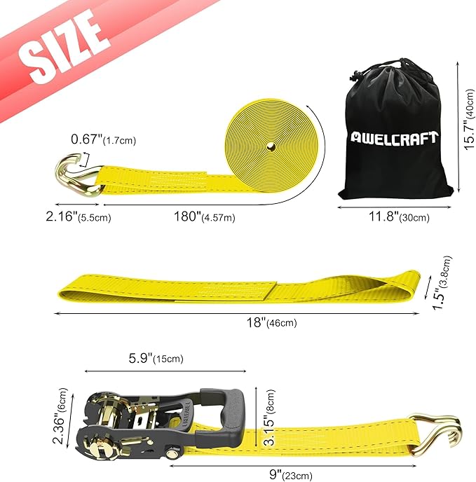 AWELCRAFT Ratchet Straps Heavy Duty 4 Pack,4500lbs Breaking Strength,1.5in×15ft Tie Down Ratcheting Strap with Padded Handles, Double J Hooks & Soft Loops for Motorcycle,Trailer & Trucks (Yellow)