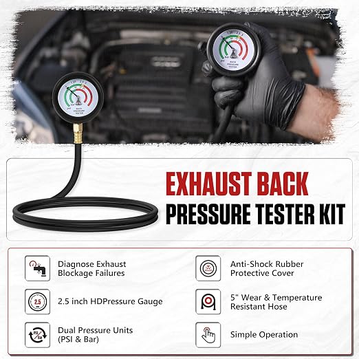 Exhaust Back Pressure Tester Kit, Professional Automotive Exhaust Back Pressure Gauge Set with 5-Foot Hose, Adapters & 2 Clamps
