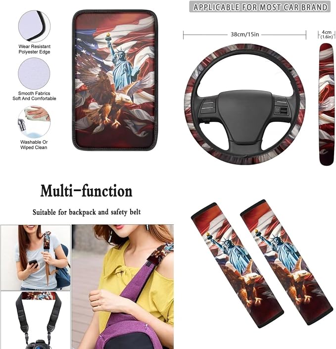 Mumeson State of Liberty Eagle 8 Pieces Set Car Seat Covers Car Seat Covers with 1 Pair Car Seatbelt Covers Soft Shoulder Cushion Pad Rubber Steering Wheel Covers Car Armrest Cover
