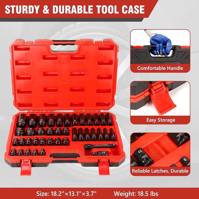 1/2" Impact Socket Set 40PCS, Metric Shallow & Deep 8-32mm | CR-MO Steel,6-Point Design,includes Extension Bars & U-Joint. Ideal heavy-duty kit for car and truck lug nut repair