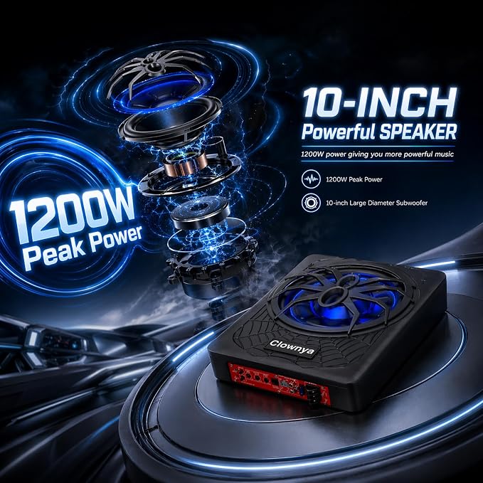 10" 1200W Car Subwooferr - Underseat Subwoofer with Built - in Amplifier, Aluminum Enclosure, High/Low Level Inputs, Blue LED Light and Wired Remote for Truck, SUV, car, Jeep and MPV
