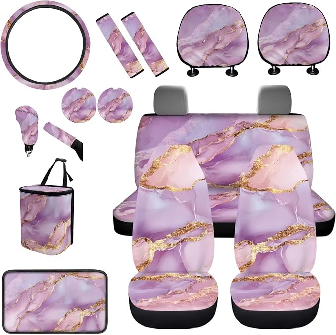 BIGCARJOB Pink Marble Print Car Seat Covers Set 15 Pcs Pink Marble Texture Car Interior Accessories Full Set Auto Seat Headrest Cover Steering Wheel Cover Car Trash Can Hanging
