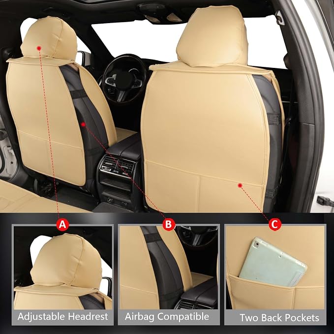 MIROZO Seat Covers Full Set, Leather Car Seat Covers Breathable Car Seat Protector Waterproof Automotive Seat Covers Non Slip Front & Rear Seat Cover Universal Fit for Most Sedan Truck and SUV (Beige)