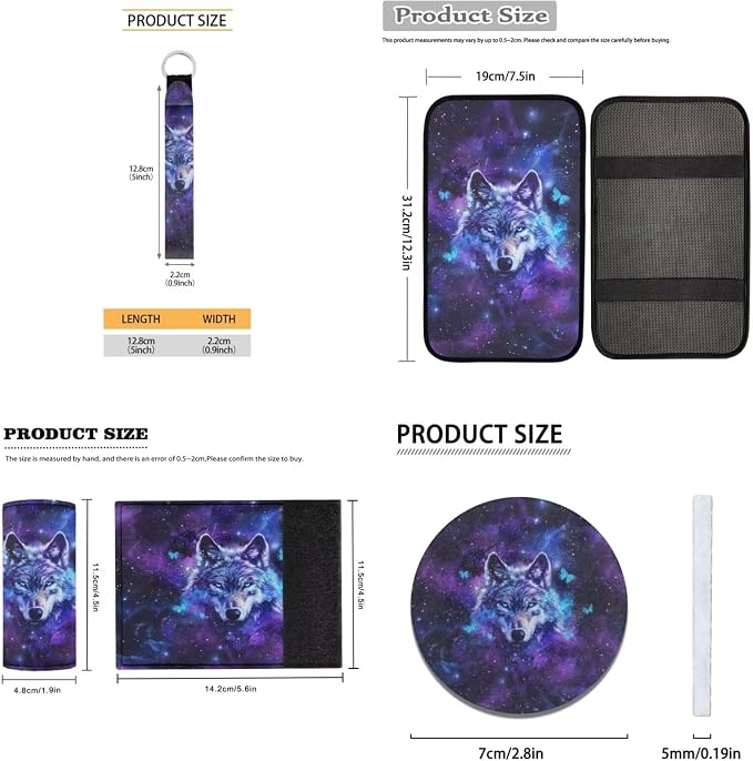 18 Pcs Wolf Butterfly Print Car Accessories Set Car Seat Covers Auto Steering Wheel Cover Floor Mats Seat Belt Pads Armrest Pad Covers Roof Handle Wraps Cup Coaster Keychain