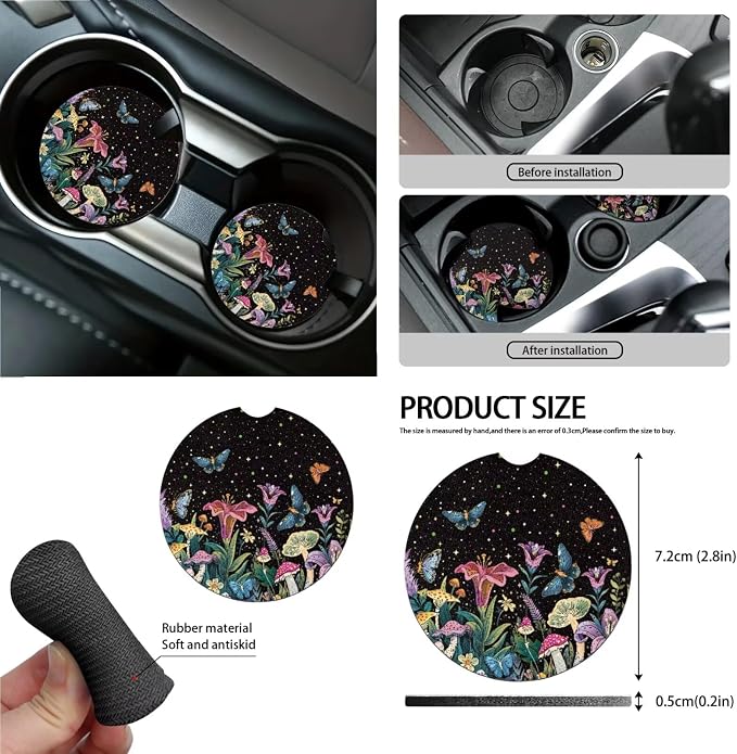 Butterfly Star Tulip Mushroom Pattern Auto Interior with Full Set Car Seat Covers Steering Wheel Cover Keychain Trash Can Seat Belt Covers Air Vent Storage Pocket Cup Holders Mirror Covers