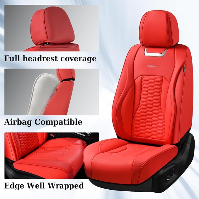 Coverado Seat Covers Front Seats, Luxury Leather Red Car Seat Cover, Waterproof Automotive Car Seat Covers Protector Interior Accessories Universal Fit Most Sedans, SUVs, Pick-up Trucks