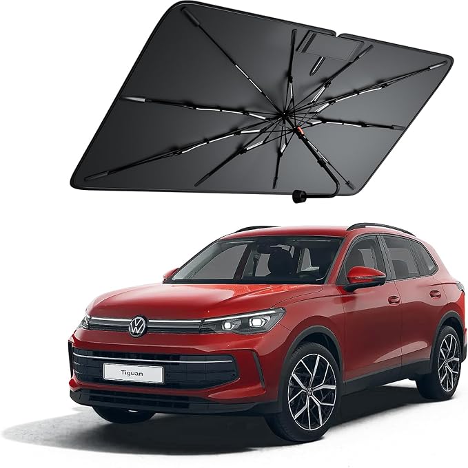 Windshield Sun Shade for Volkswagen Tiguan 2009–2026, Foldable Umbrella Sunshade with 100% UV Block, Multi-Layer Heat Insulation, Reinforced 10-Rib Frame, Keeps Car Cooler Summer Car Accessory